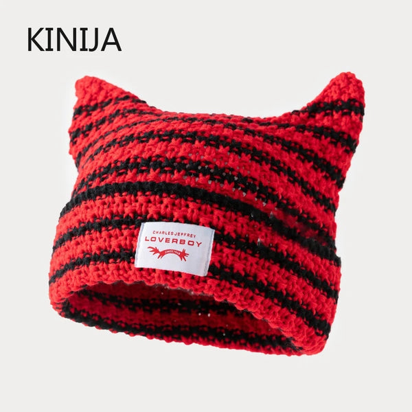 Y2K Handmade Stripe Knit Beanie Hat