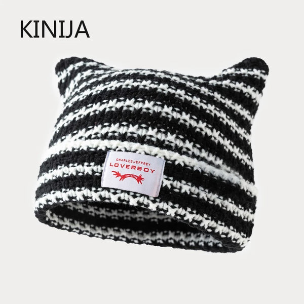 Y2K Handmade Stripe Knit Beanie Hat