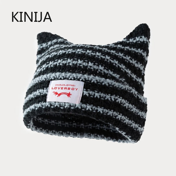 Y2K Handmade Stripe Knit Beanie Hat