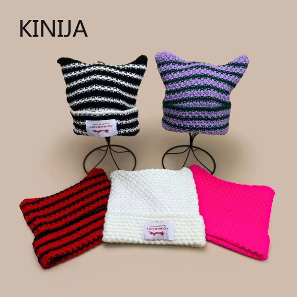 Y2K Handmade Stripe Knit Beanie Hat